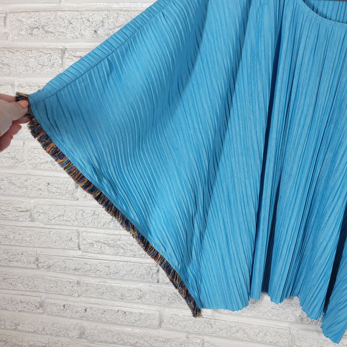 Cocobleu Kimono Blouse XL Blue Crinkle Crepe Fringe Round Neck Boho BLU28E