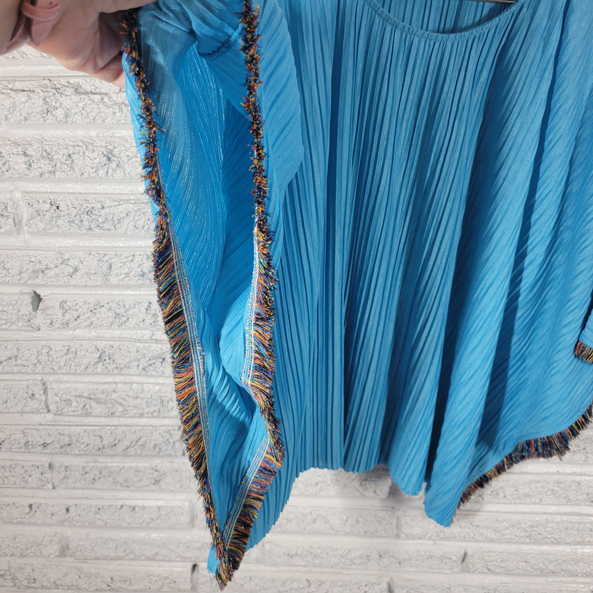 Cocobleu Kimono Blouse XL Blue Crinkle Crepe Fringe Round Neck Boho BLU28E