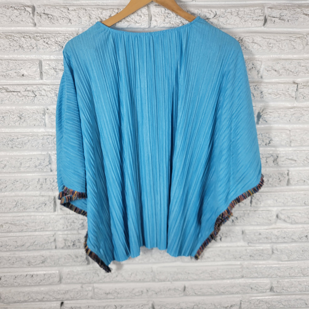 Cocobleu Kimono Blouse XL Blue Crinkle Crepe Fringe Round Neck Boho BLU28E