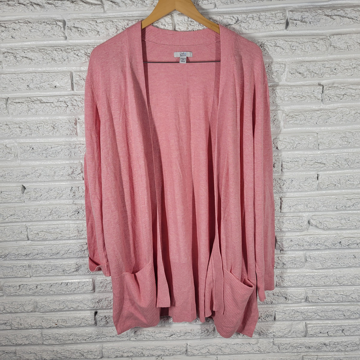 Croft Barrow Cardigan Sweater 2X Plus Size Pink Tight Knit Pockets SWE41E