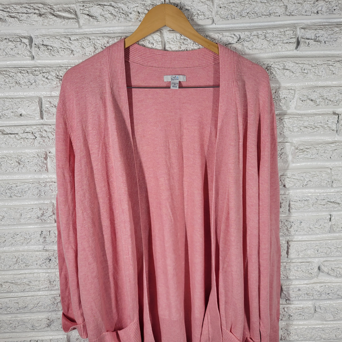 Croft Barrow Cardigan Sweater 2X Plus Size Pink Tight Knit Pockets SWE41E