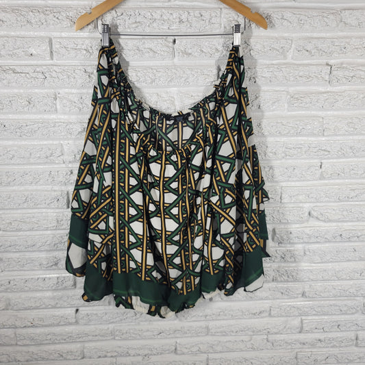 Ashley Stewart Blouse 22 24 Plus Green Tan Geometric Bell 3/4 Sleeve GEO110E