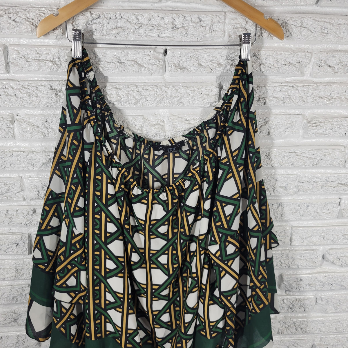 Ashley Stewart Blouse 22 24 Plus Green Tan Geometric Bell 3/4 Sleeve GEO110E