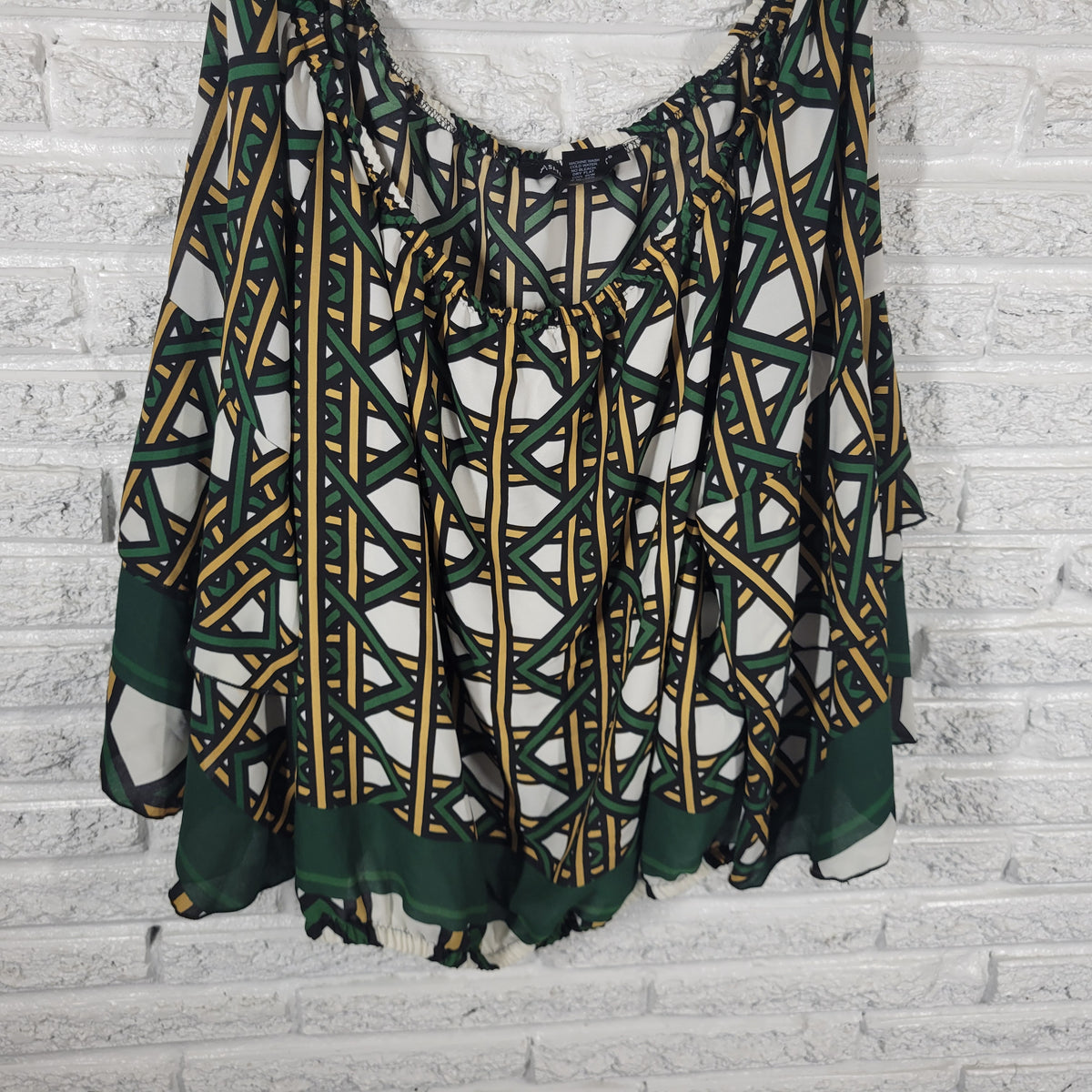Ashley Stewart Blouse 22 24 Plus Green Tan Geometric Bell 3/4 Sleeve GEO110E