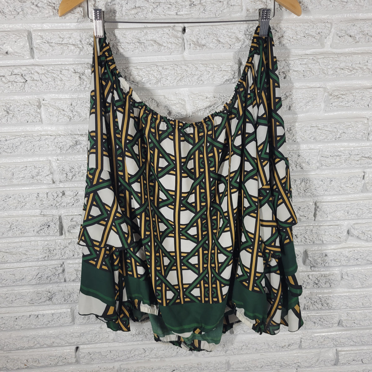 Ashley Stewart Blouse 22 24 Plus Green Tan Geometric Bell 3/4 Sleeve GEO110E