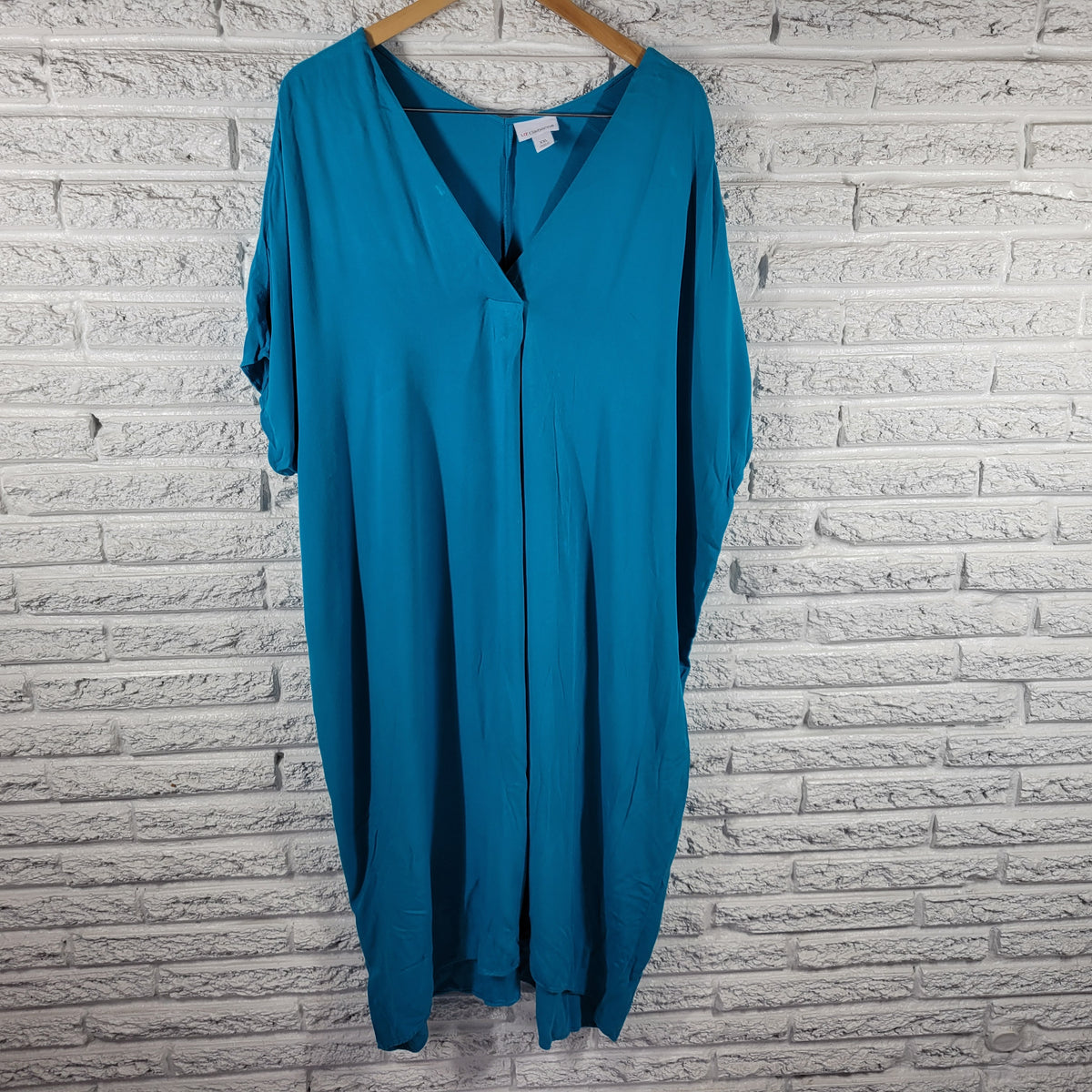 Liz Claiborne XXL Blue Shirt Dress Midi Side Slit Stretch Short Sleeve Plus Size