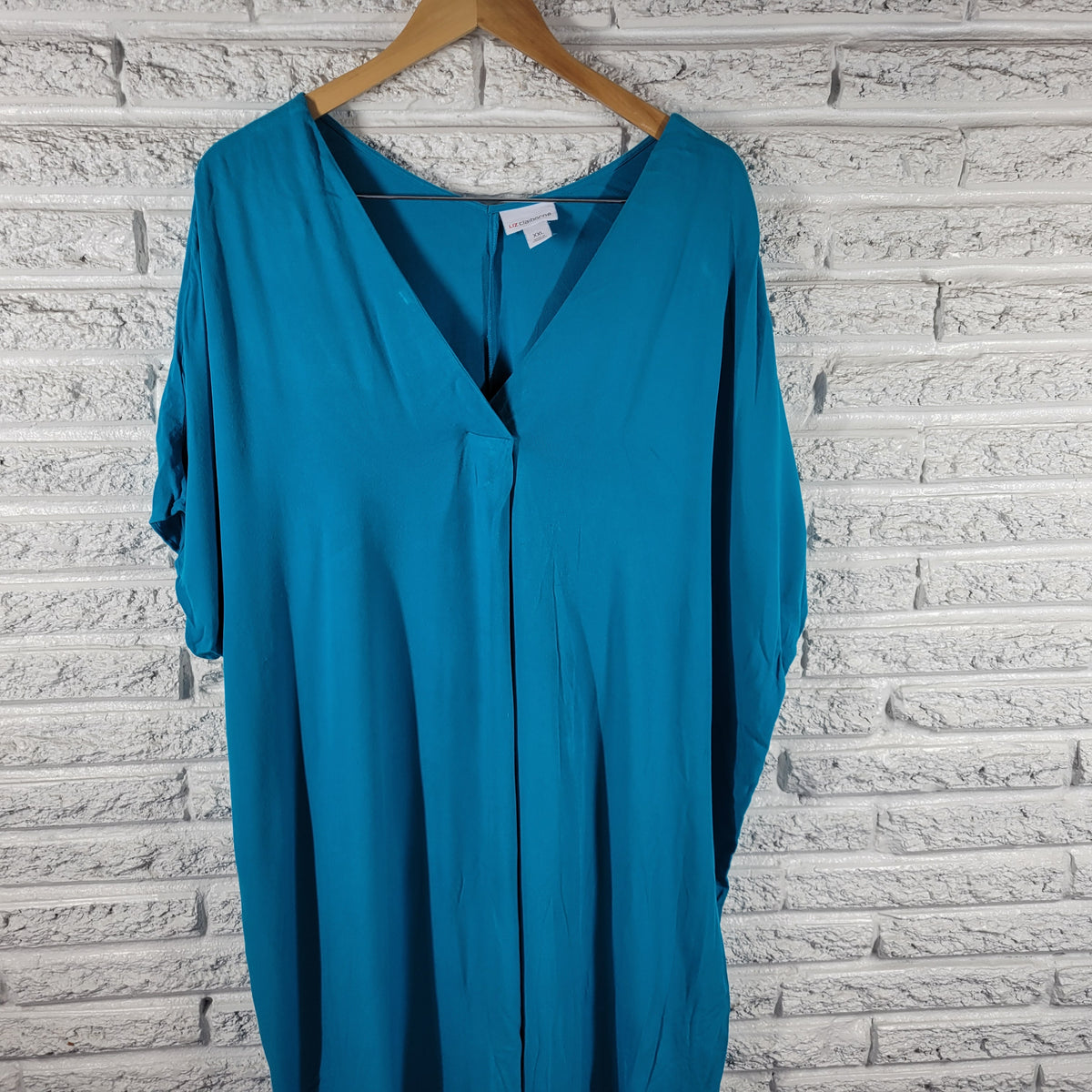 Liz Claiborne XXL Blue Shirt Dress Midi Side Slit Stretch Short Sleeve Plus Size