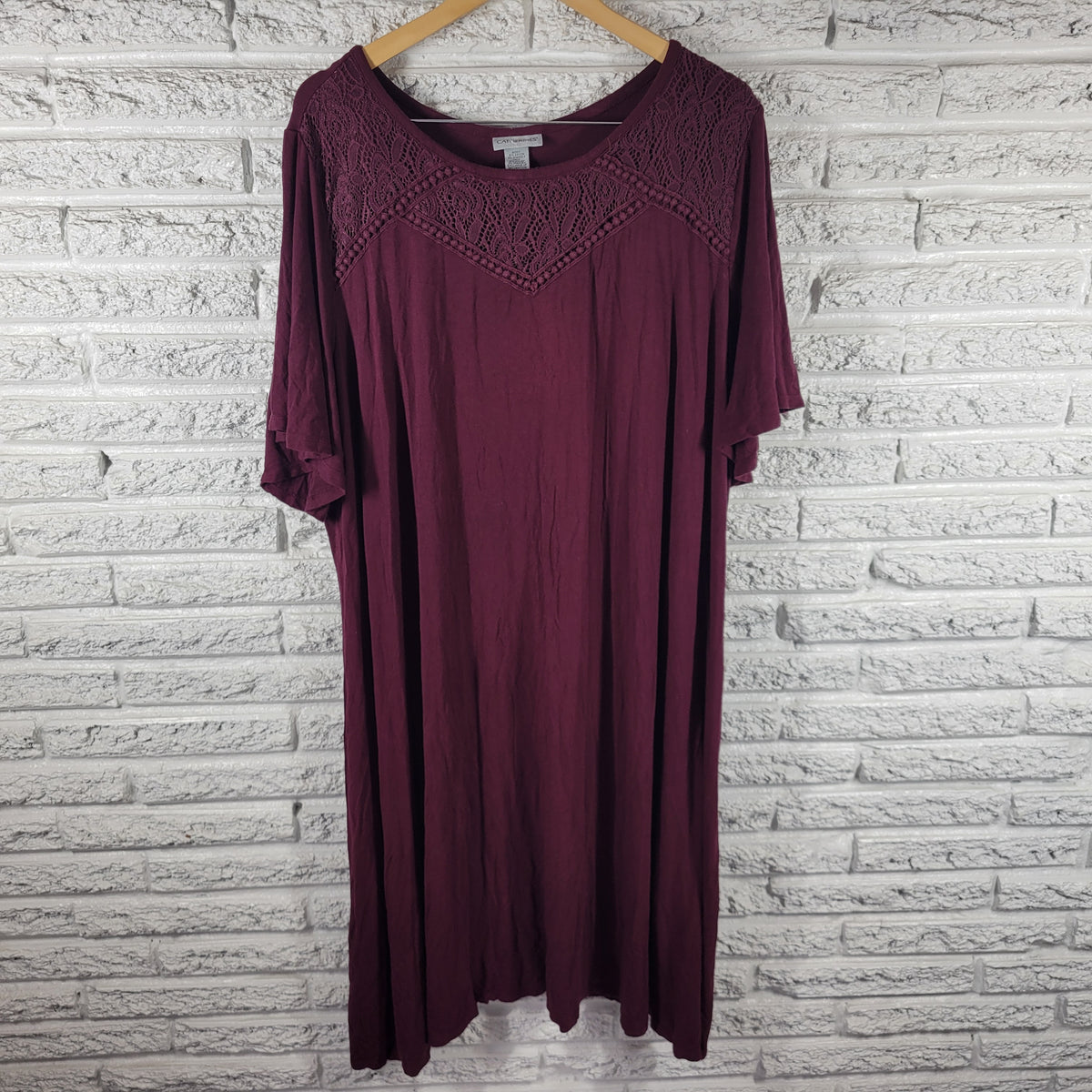 Catherines 3X Burgundy Dress Crochet Lace Trim Shirt Short Sleeve BUR18E