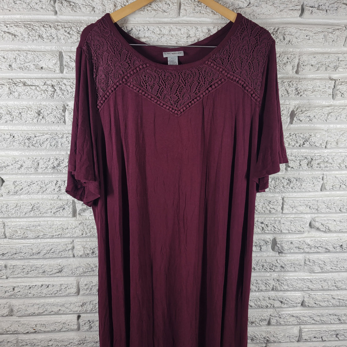 Catherines 3X Burgundy Dress Crochet Lace Trim Shirt Short Sleeve BUR18E