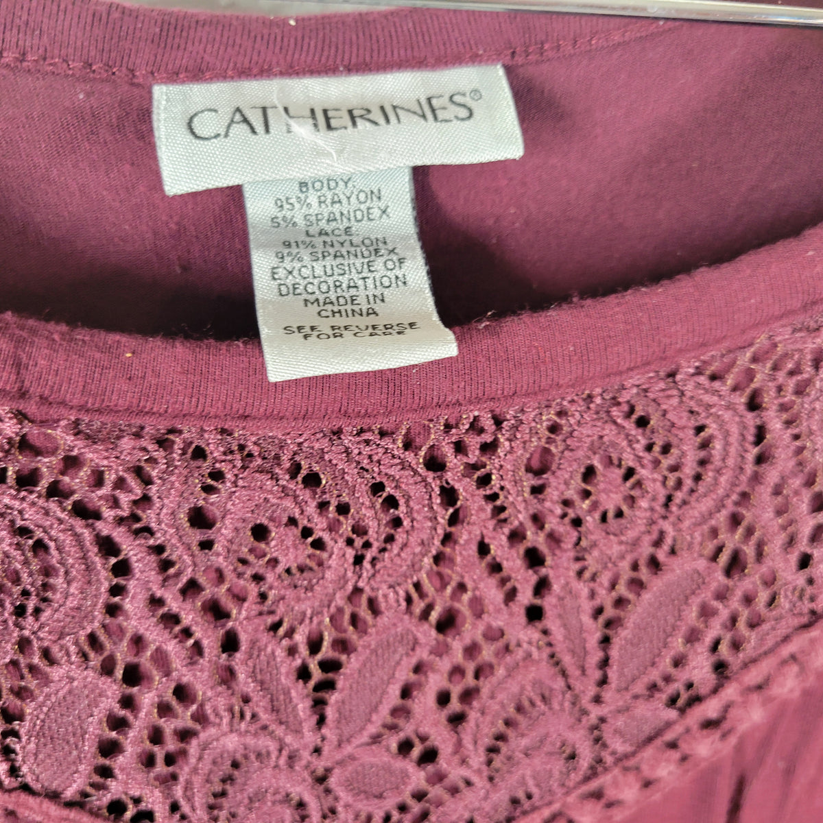 Catherines 3X Burgundy Dress Crochet Lace Trim Shirt Short Sleeve BUR18E