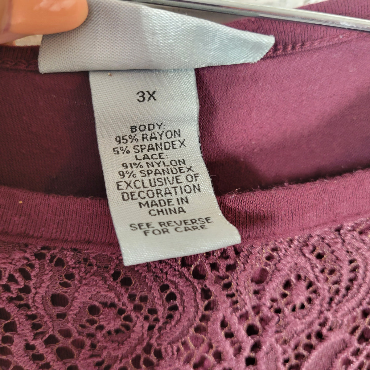 Catherines 3X Burgundy Dress Crochet Lace Trim Shirt Short Sleeve BUR18E