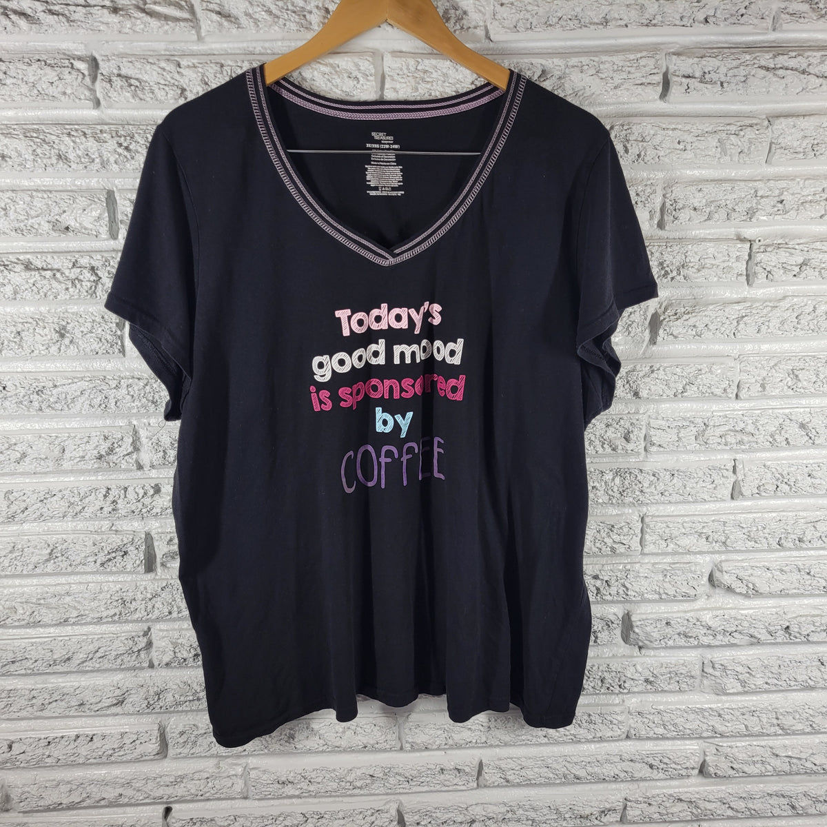 Secret Treasures Pajama Shirt Womens 3X Black Coffee Graphic V-Neck BLA16E