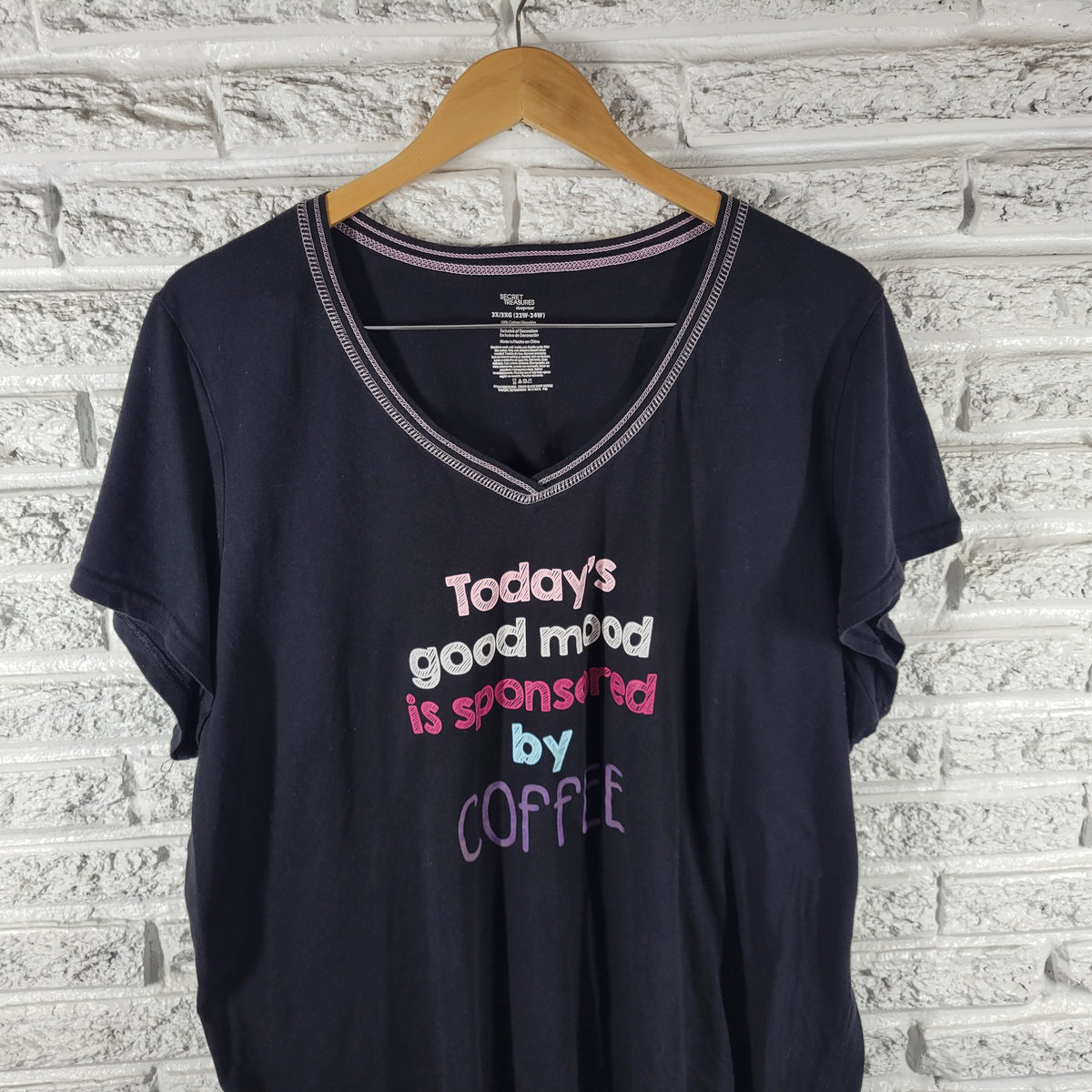 Secret Treasures Pajama Shirt Womens 3X Black Coffee Graphic V-Neck BLA16E