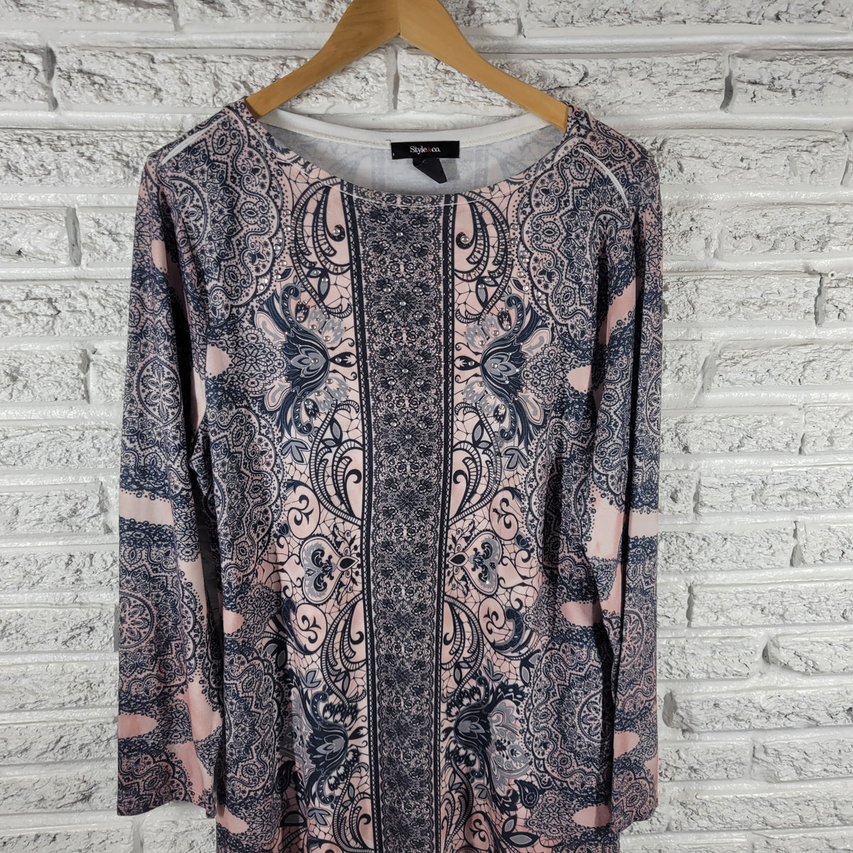 Style & Co XL Tunic Top Geometric Rhinestone Knit Blouse Long Sleeve GEO84E