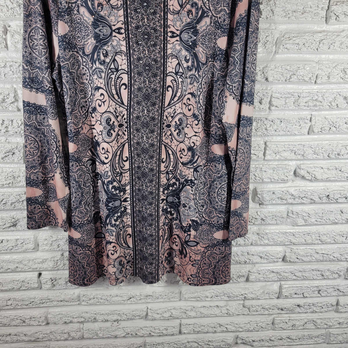 Style & Co XL Tunic Top Geometric Rhinestone Knit Blouse Long Sleeve GEO84E
