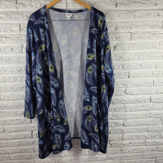 LuLaRoe 2XL Open Cardigan Sweater Peacock Feather Blue Plus Size Knit C7E