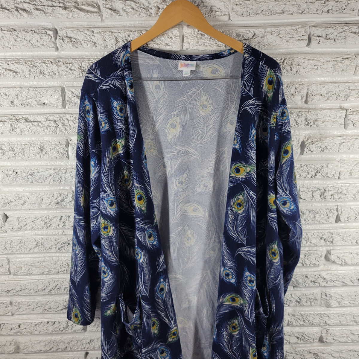 LuLaRoe 2XL Open Cardigan Sweater Peacock Feather Blue Plus Size Knit C7E