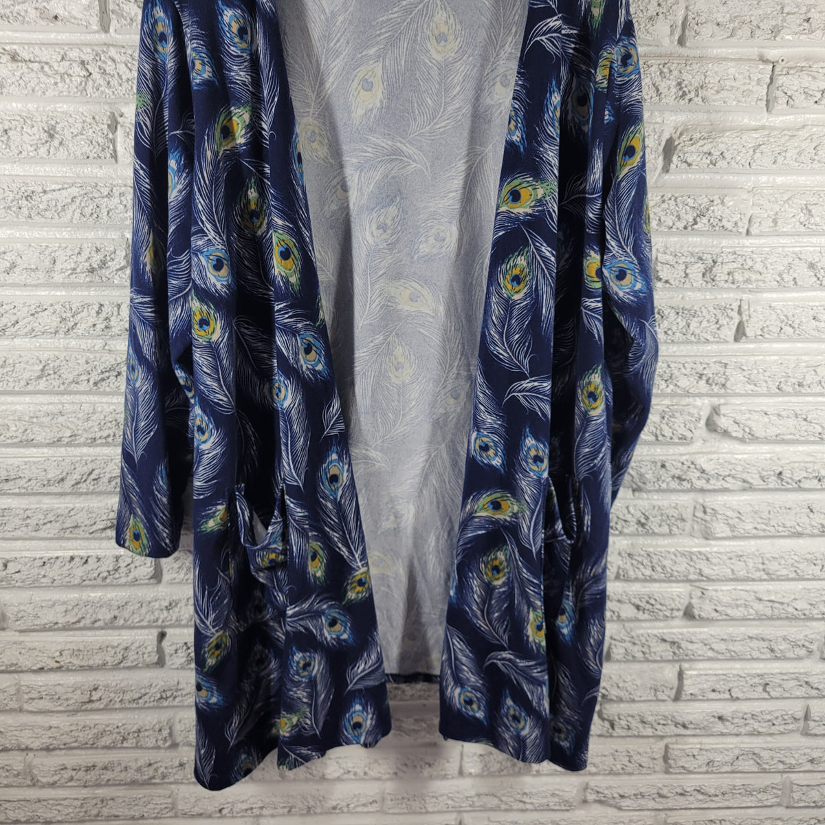 LuLaRoe 2XL Open Cardigan Sweater Peacock Feather Blue Plus Size Knit C7E