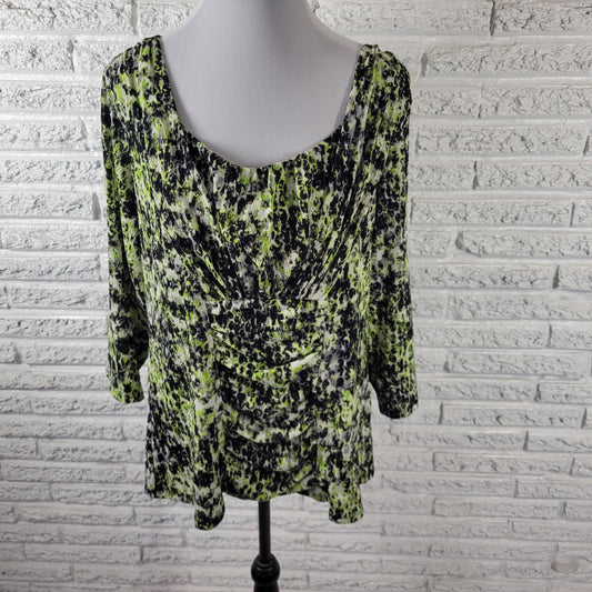 Alfani 2X Blouse Green Black Watercolor Pleated Ruched 3/4 Sleeve Top WAT59E