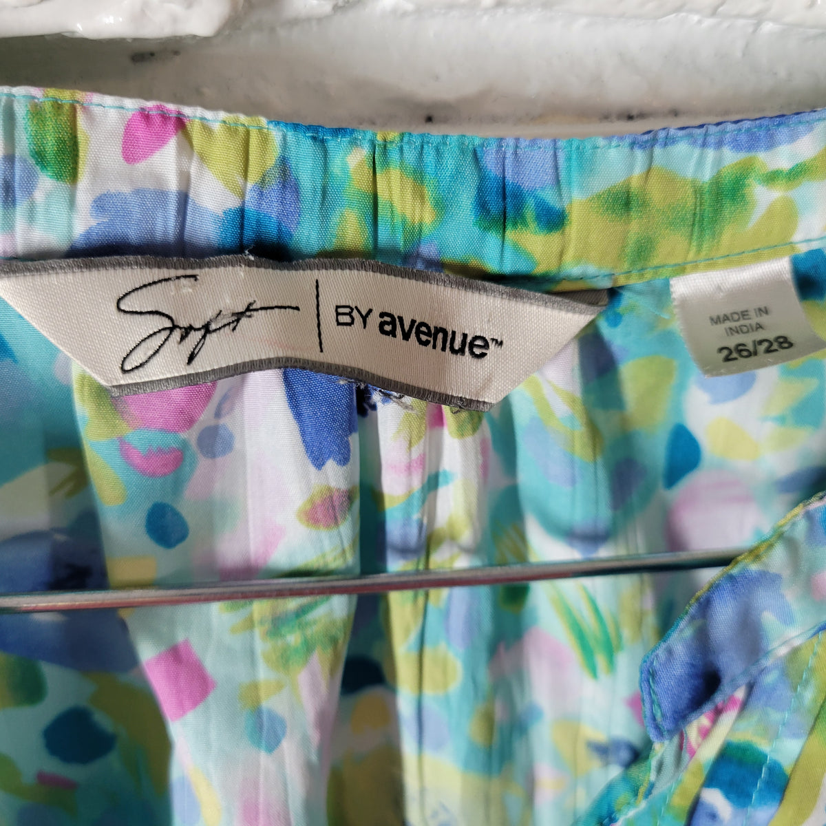 Avenue Soft Womens 26 28 Sequin Blue Green Floral Crinkle Crepe 3/4 Sleeve Top
