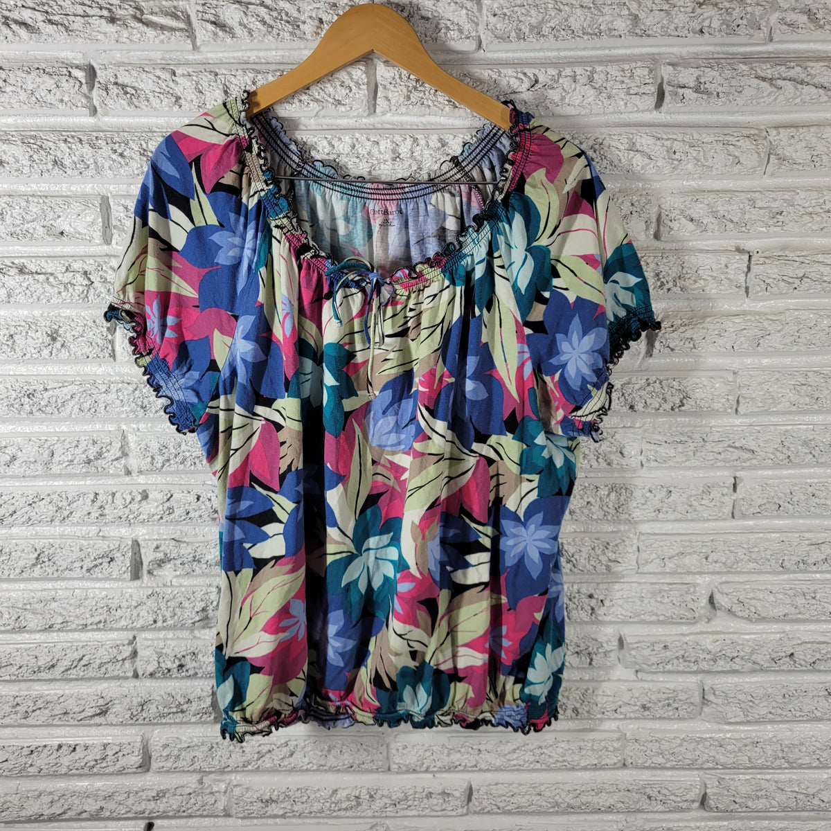 Croft & Barrow Womens 2X Floral Peasant Top Blouse Frilly Keyhole Cotton Blend FLO253XE