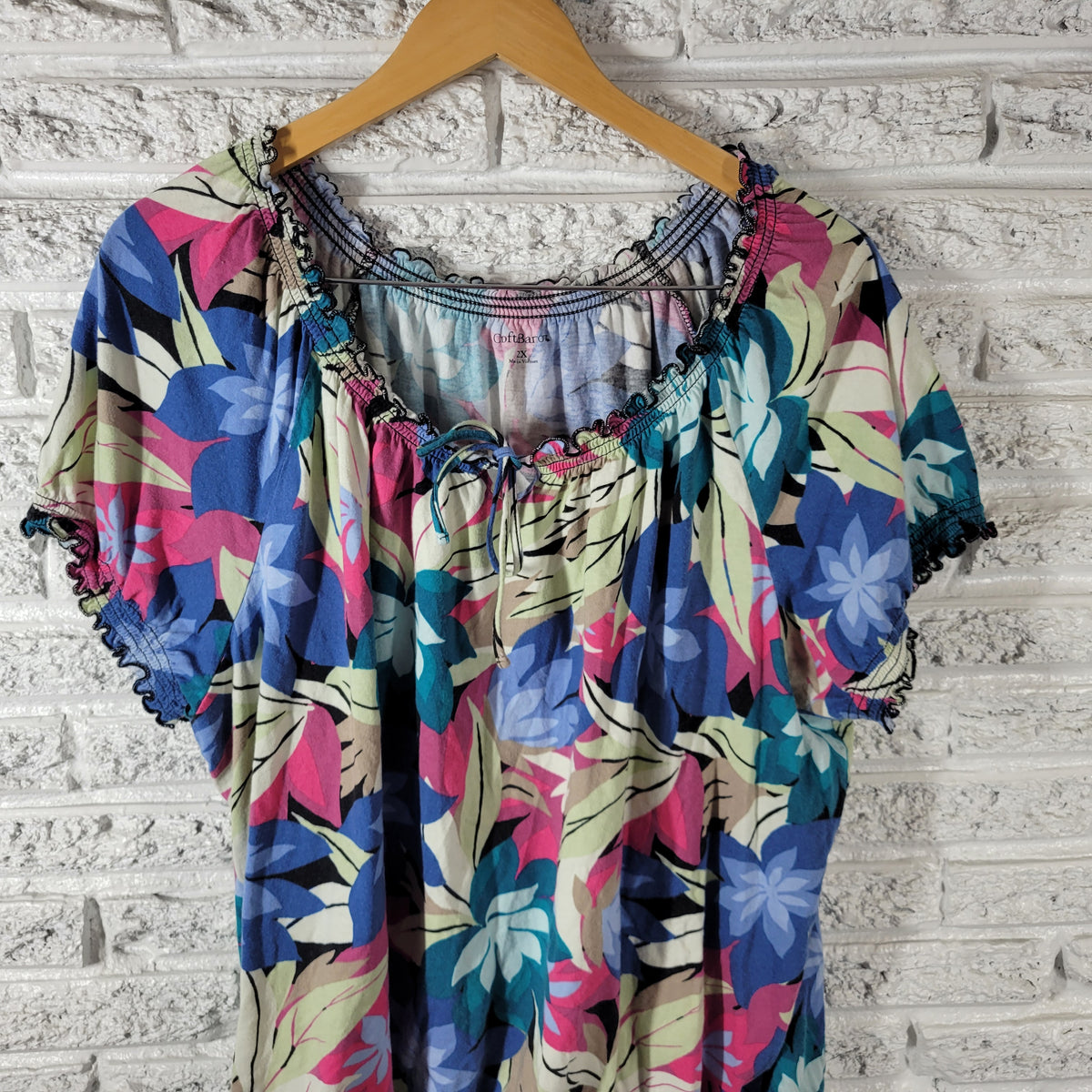 Croft & Barrow Womens 2X Floral Peasant Top Blouse Frilly Keyhole Cotton Blend FLO253XE