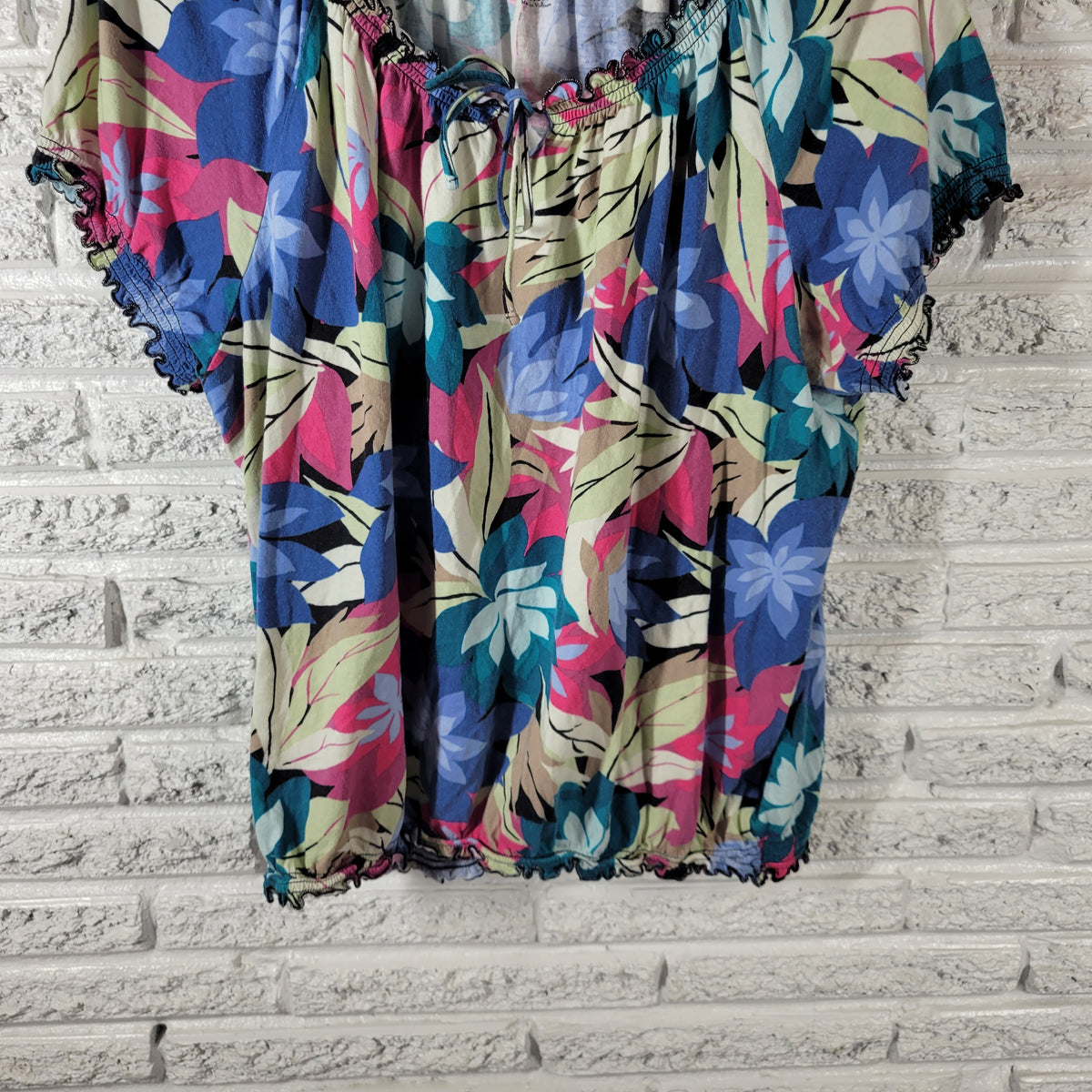 Croft & Barrow Womens 2X Floral Peasant Top Blouse Frilly Keyhole Cotton Blend FLO253XE