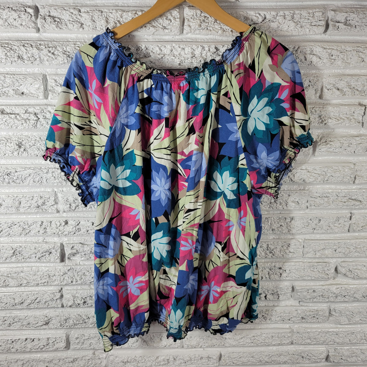 Croft & Barrow Womens 2X Floral Peasant Top Blouse Frilly Keyhole Cotton Blend FLO253XE
