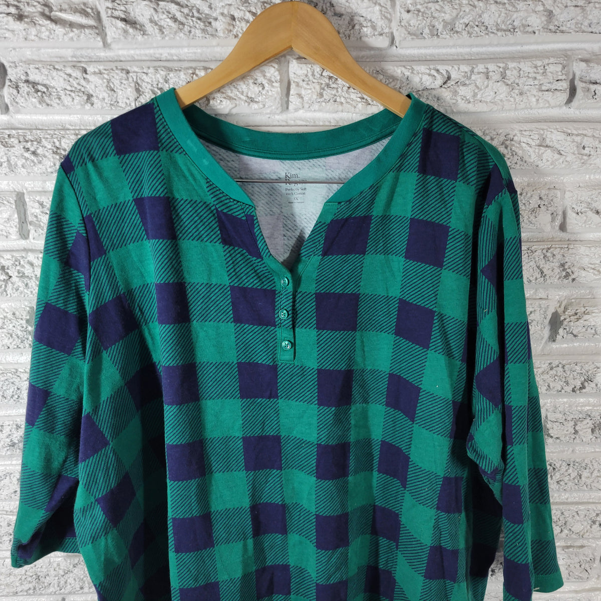 Kim Rogers Women 3X Top Blue Green Plaid Button Up V-Neck 3/4 Sleeve PLA29XE