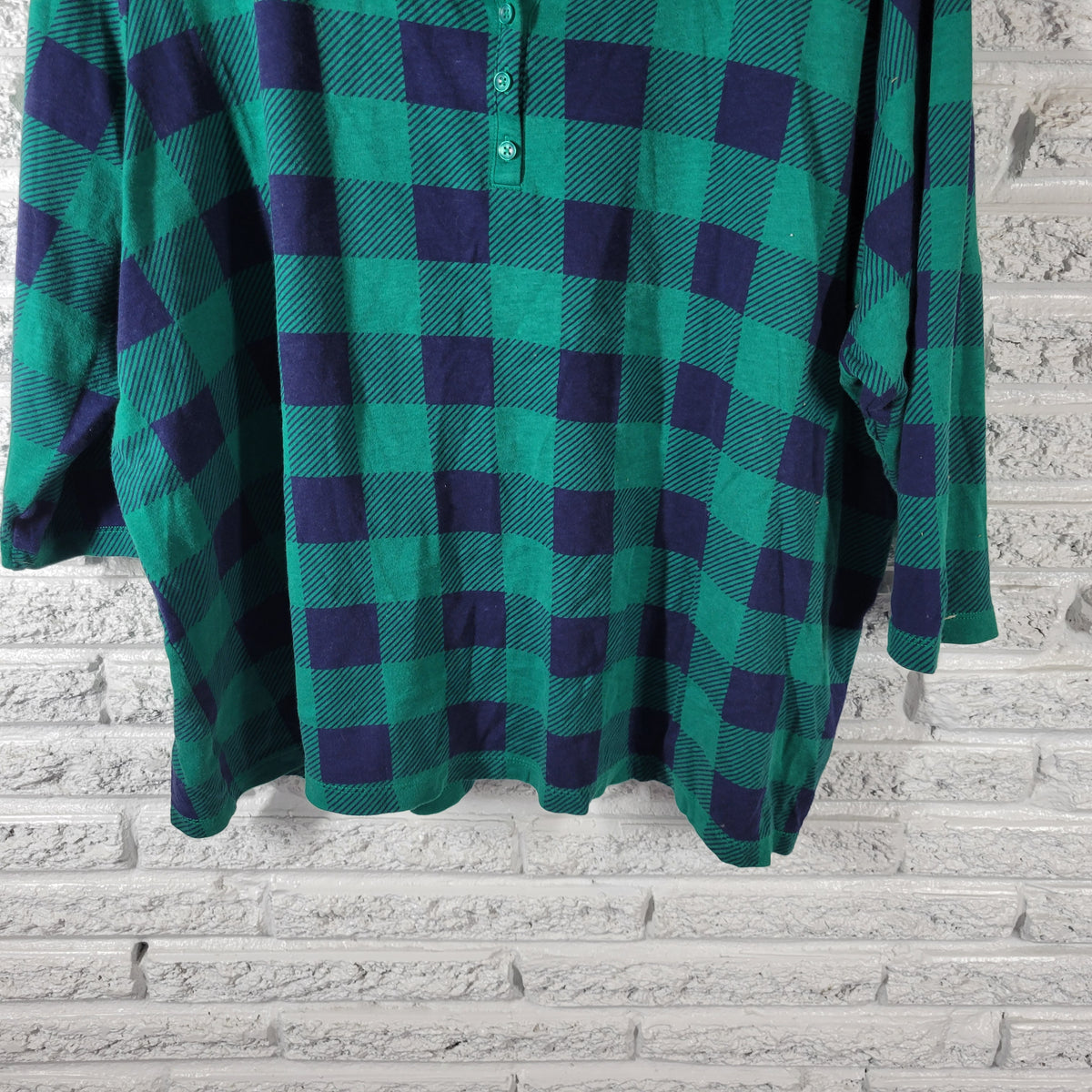 Kim Rogers Women 3X Top Blue Green Plaid Button Up V-Neck 3/4 Sleeve PLA29XE