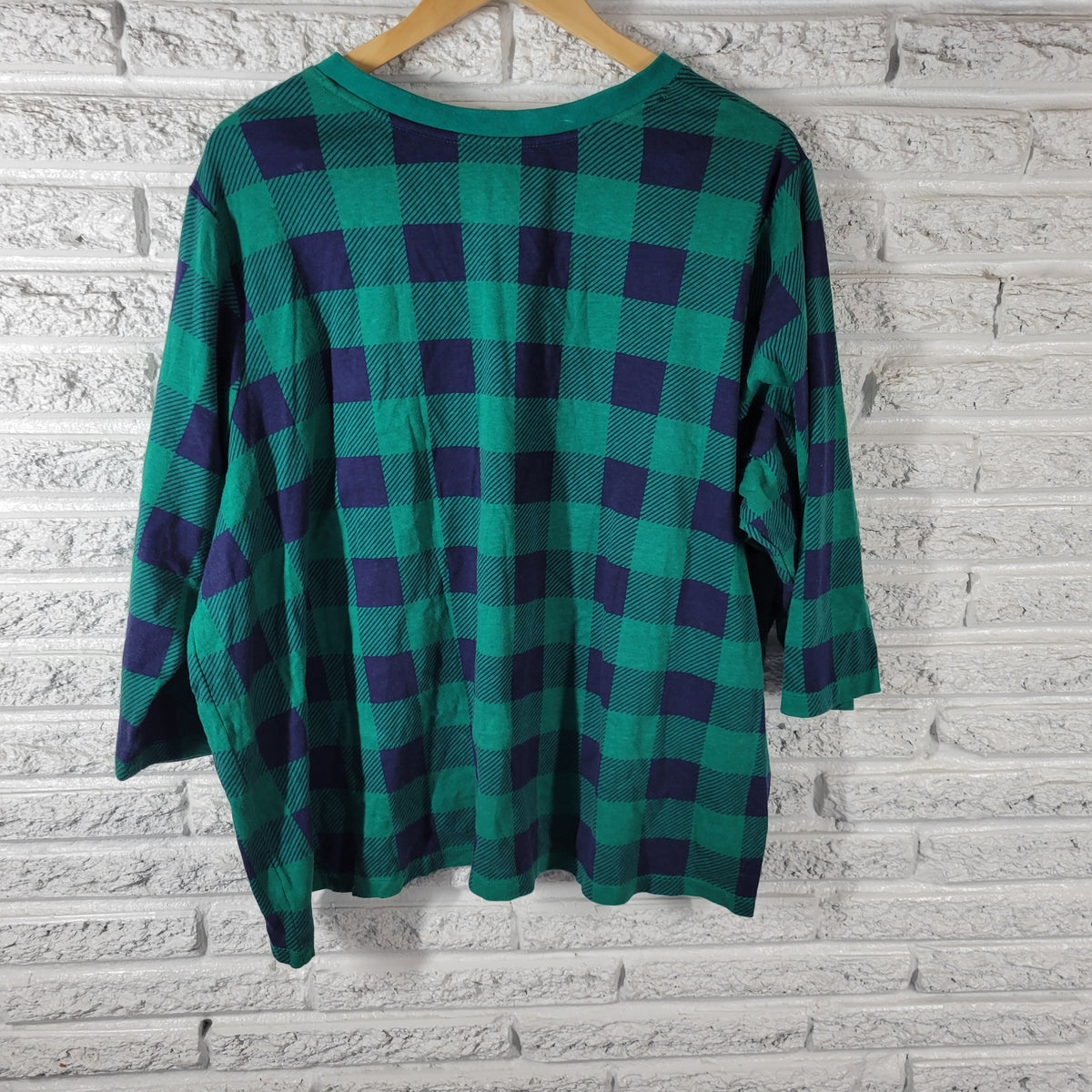 Kim Rogers Women 3X Top Blue Green Plaid Button Up V-Neck 3/4 Sleeve PLA29XE