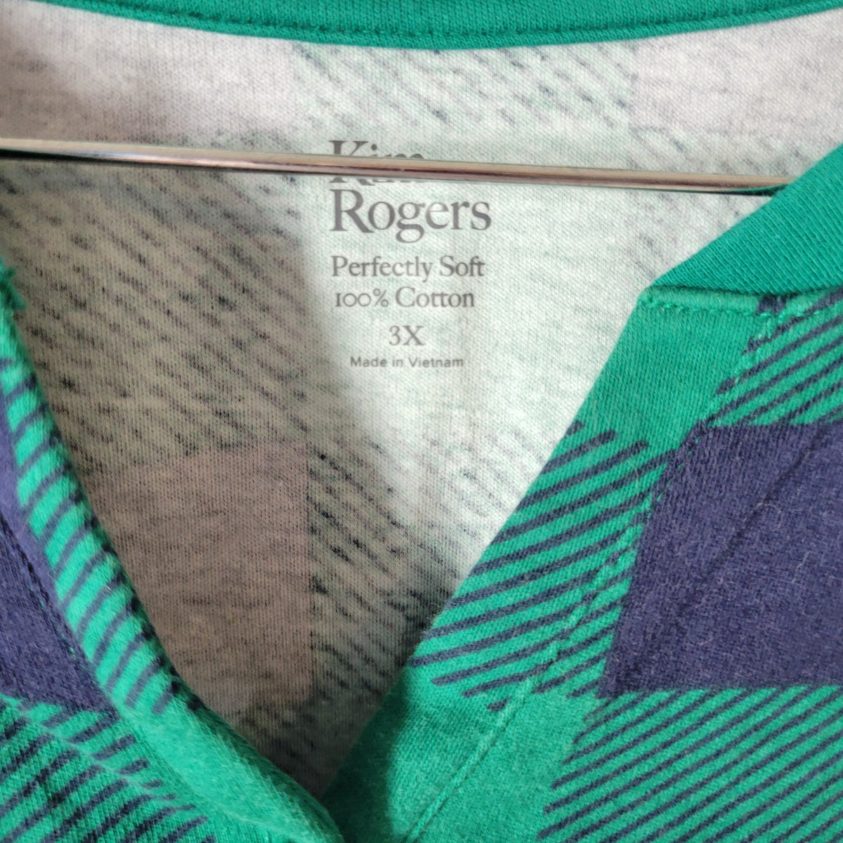 Kim Rogers Women 3X Top Blue Green Plaid Button Up V-Neck 3/4 Sleeve PLA29XE