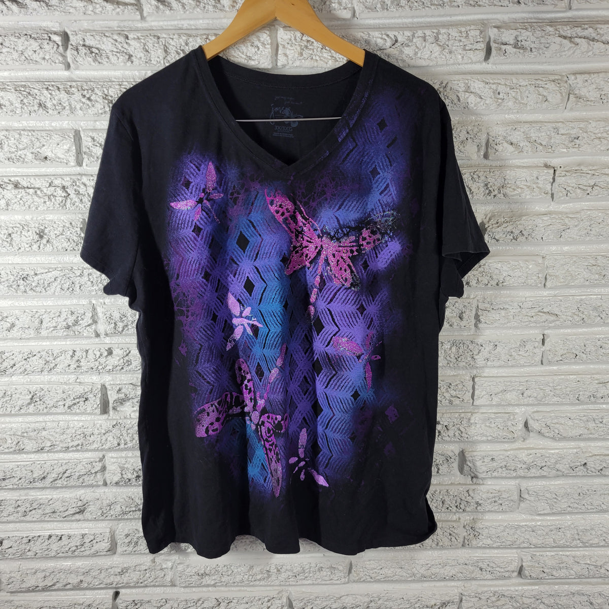 Just My Size Women 3X Tee Dragonfly Glitter V-Neck Cotton Plus Size Shirt NOV127E