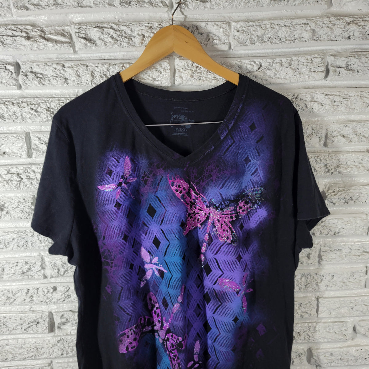 Just My Size Women 3X Tee Dragonfly Glitter V-Neck Cotton Plus Size Shirt NOV127E
