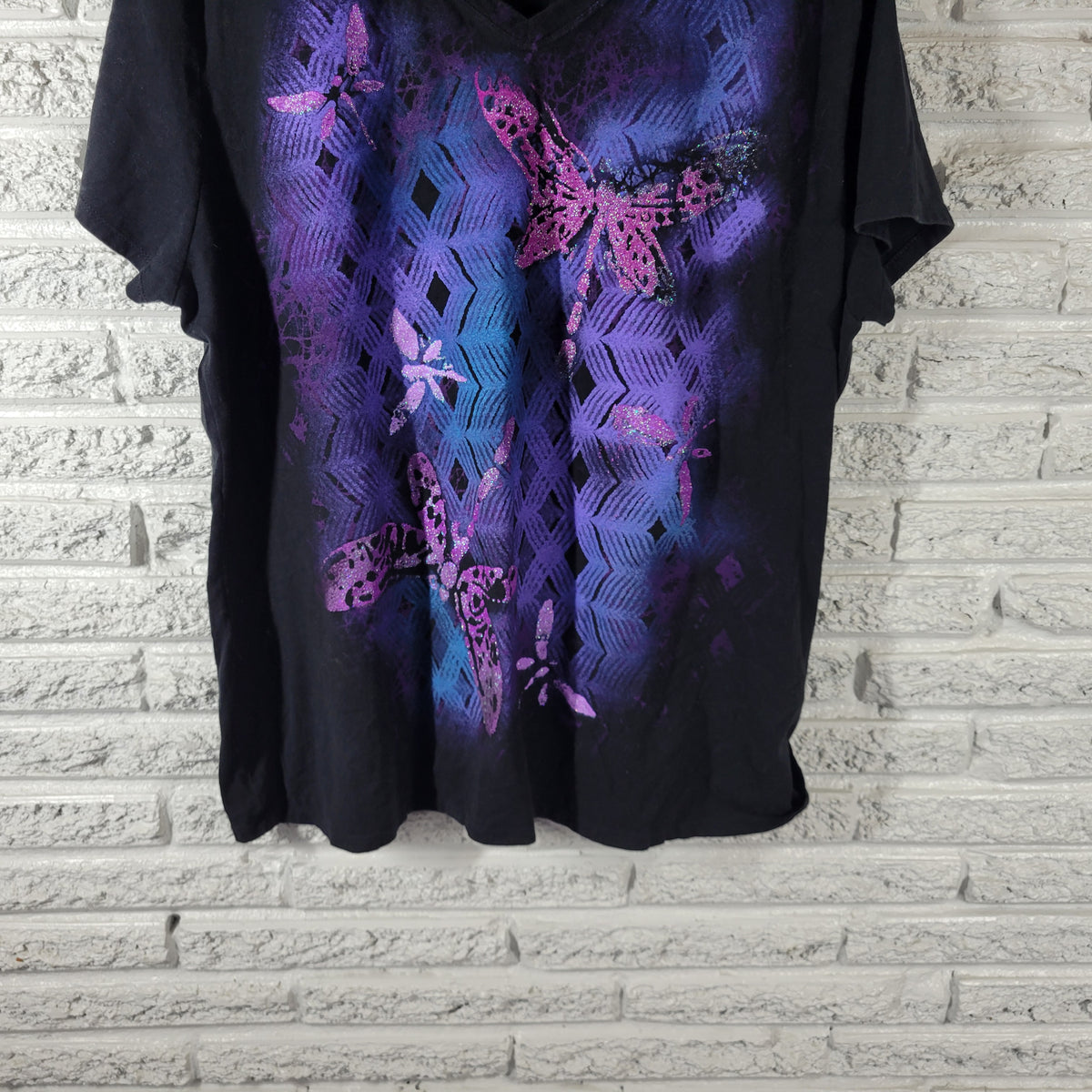 Just My Size Women 3X Tee Dragonfly Glitter V-Neck Cotton Plus Size Shirt NOV127E