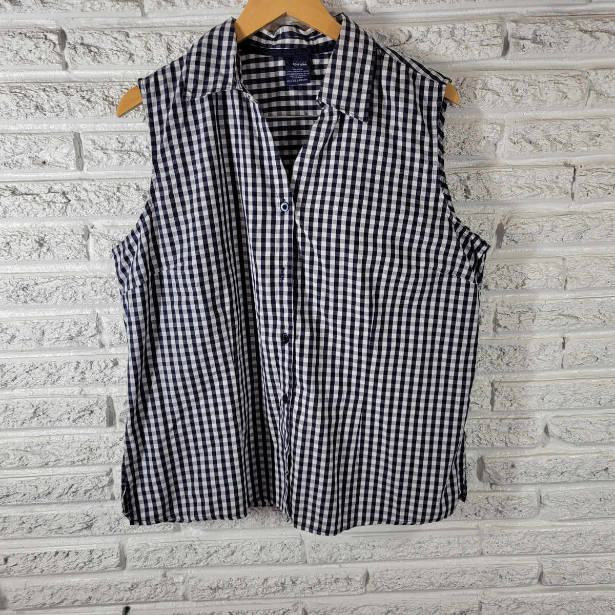 Basic Editions XL Blue White Gingham Check Sleeveless Button Up Collared PLA20E