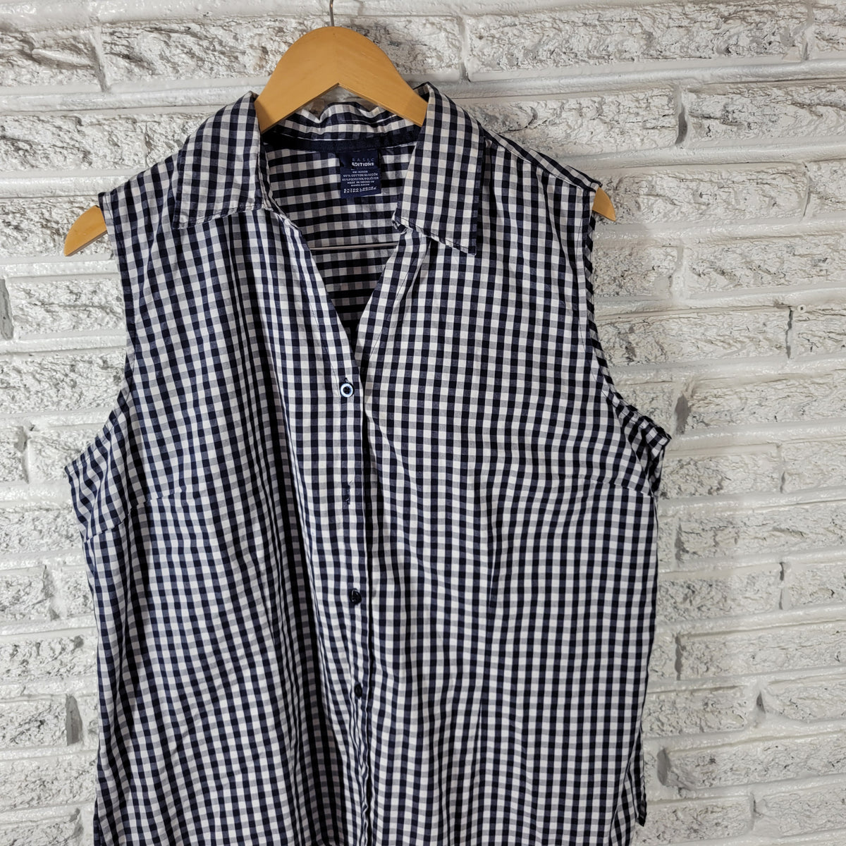 Basic Editions XL Blue White Gingham Check Sleeveless Button Up Collared PLA20E