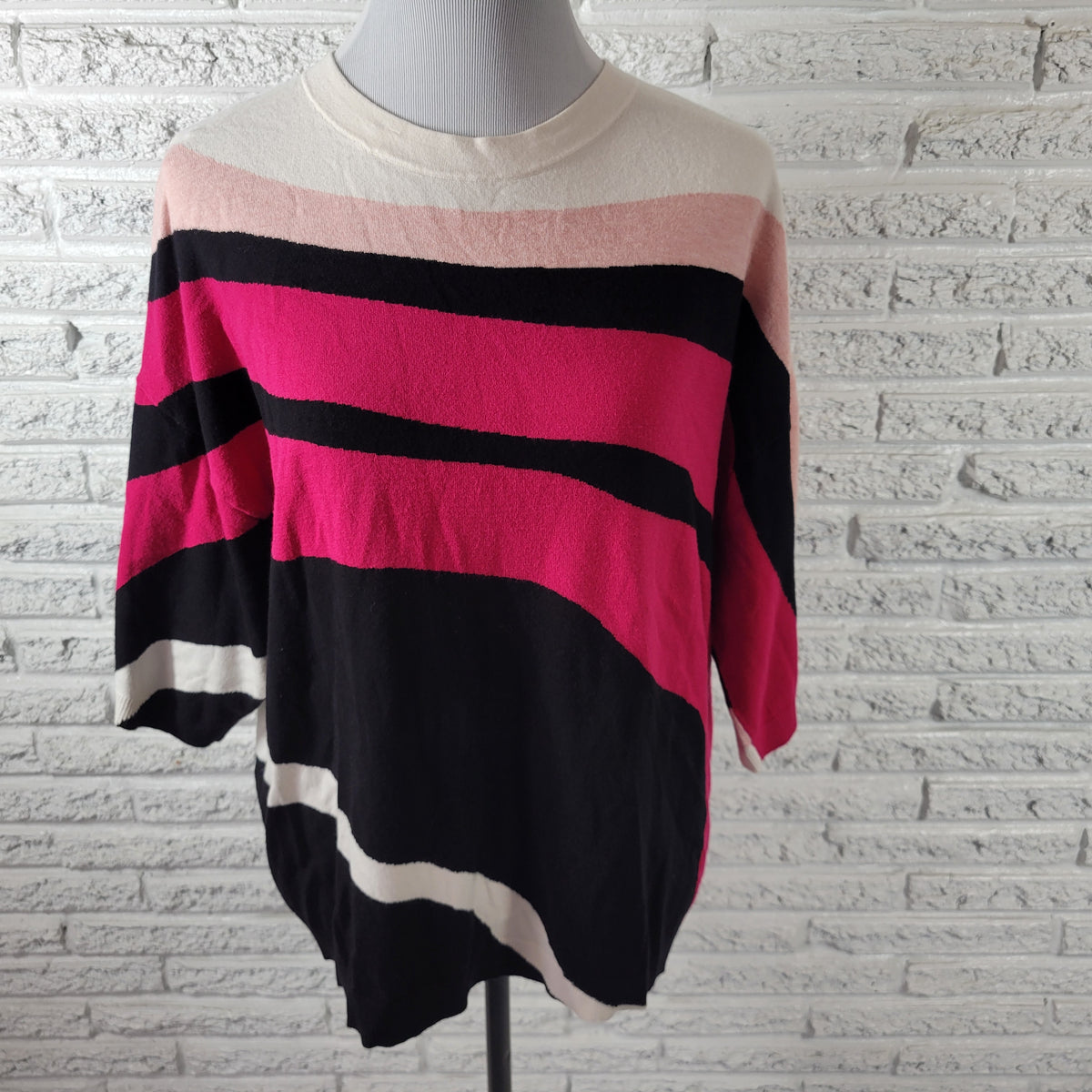 Chicos XL Pink Striped Pullover Sweater 3/4 Sleeve Tight Knit Crewneck Tops STR95E