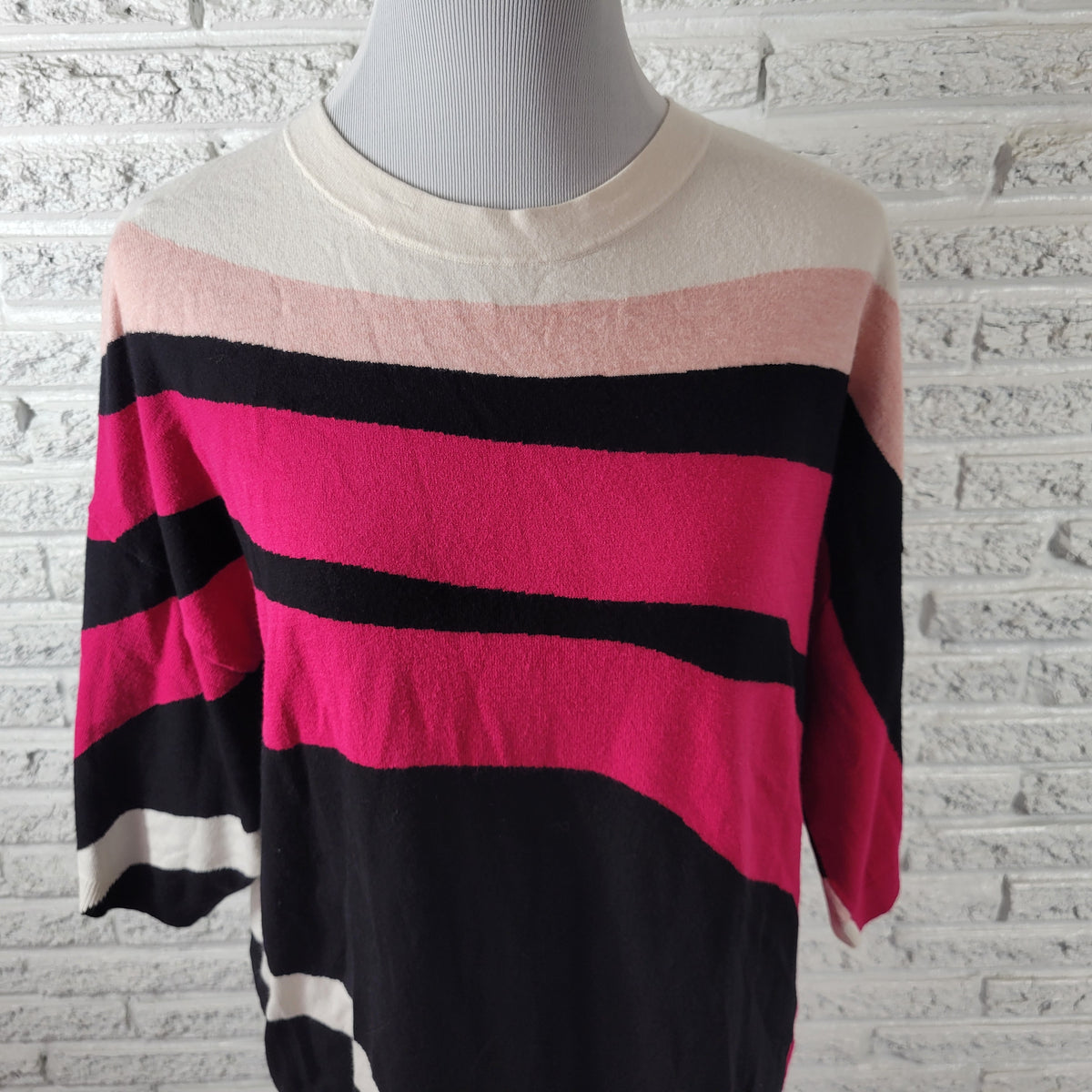 Chicos XL Pink Striped Pullover Sweater 3/4 Sleeve Tight Knit Crewneck Tops STR95E