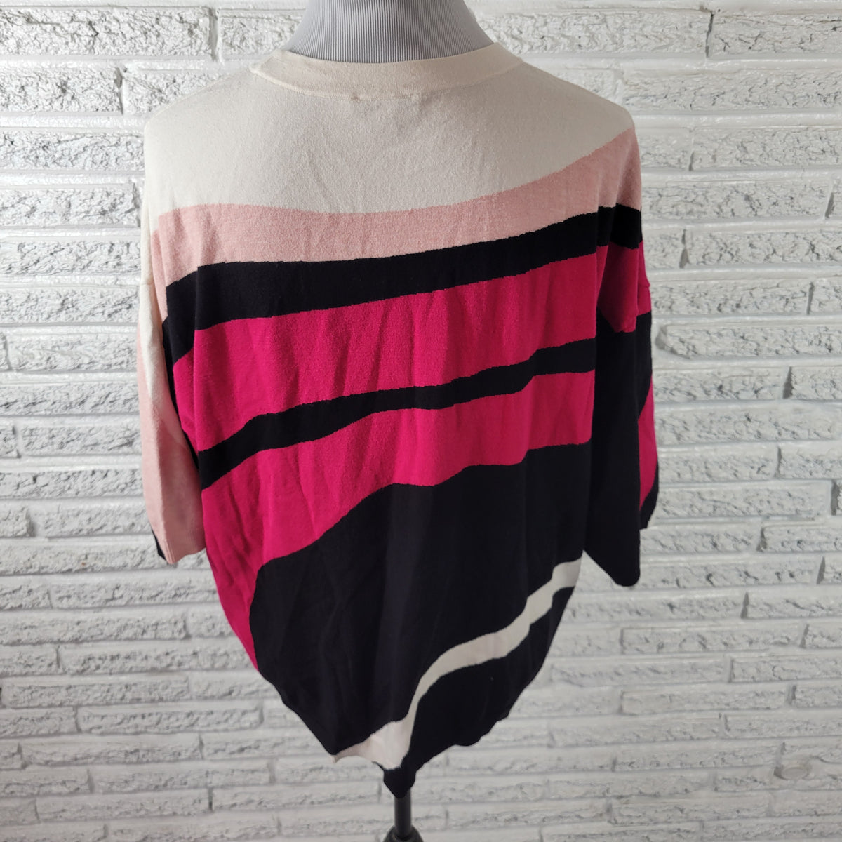 Chicos XL Pink Striped Pullover Sweater 3/4 Sleeve Tight Knit Crewneck Tops STR95E