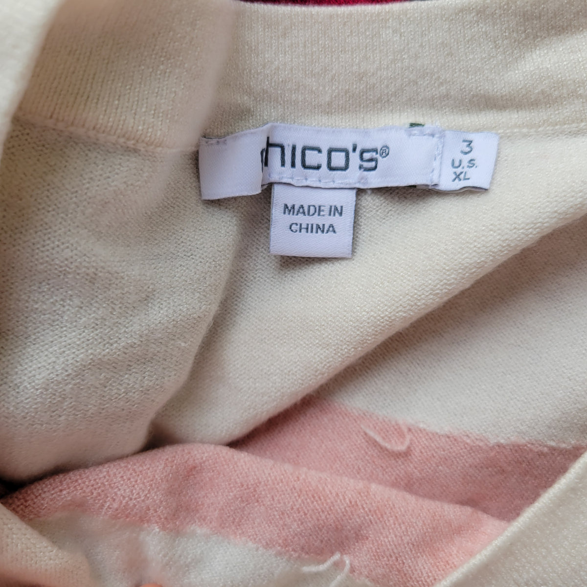 Chicos XL Pink Striped Pullover Sweater 3/4 Sleeve Tight Knit Crewneck Tops STR95E