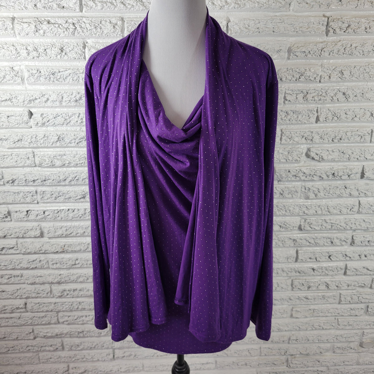 Laura Scott 1X Plus Size Purple Twofer Top Cowl Neck Raised Dot Long Sleeve PUR28E