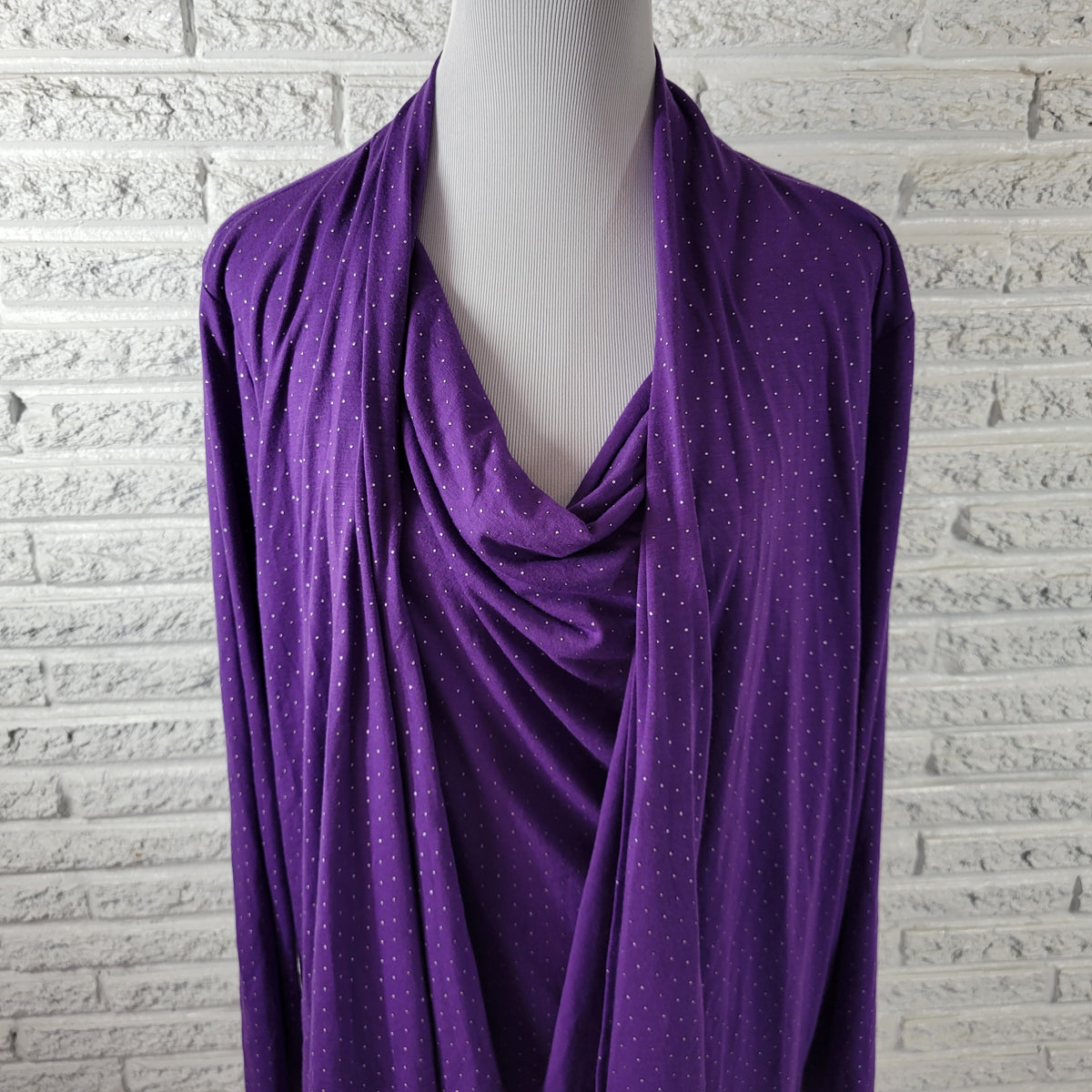 Laura Scott 1X Plus Size Purple Twofer Top Cowl Neck Raised Dot Long Sleeve PUR28E