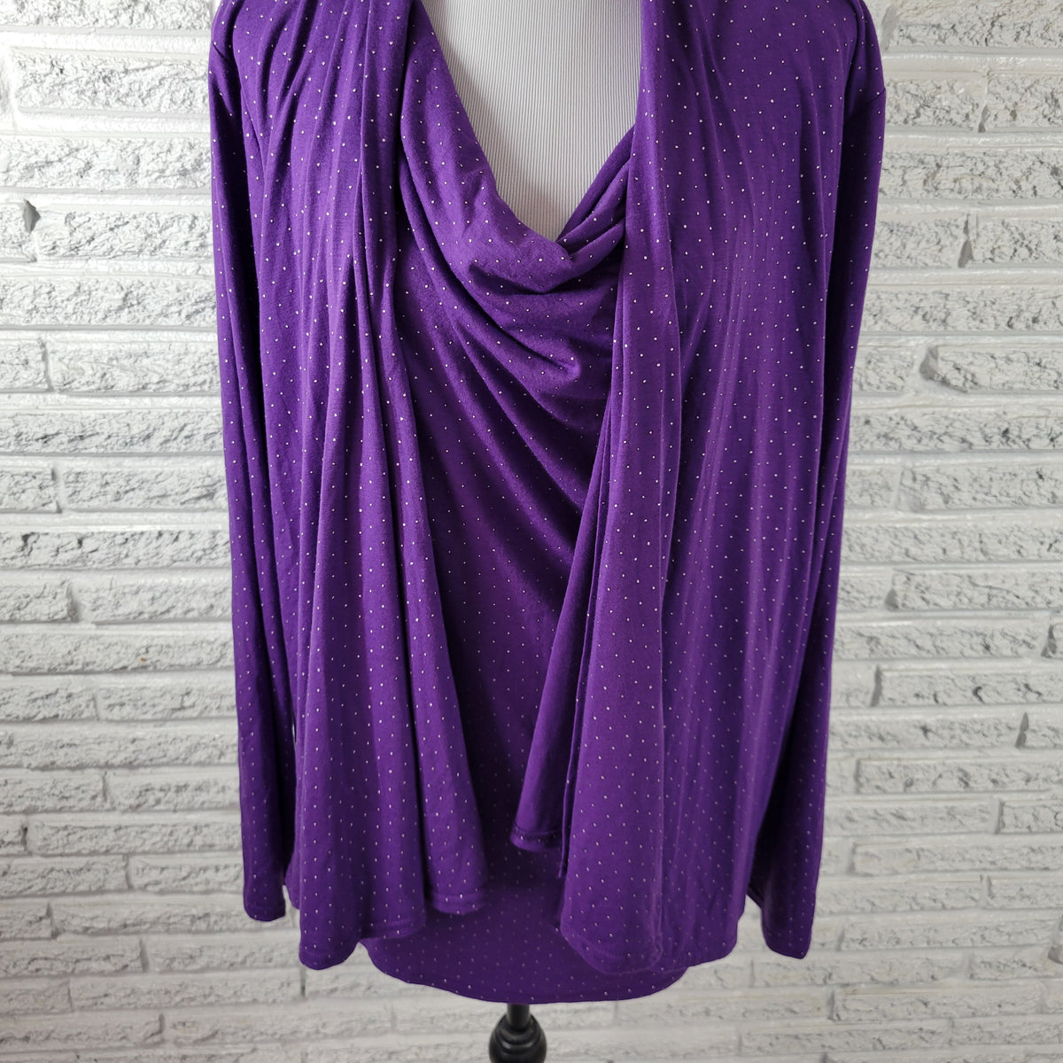 Laura Scott 1X Plus Size Purple Twofer Top Cowl Neck Raised Dot Long Sleeve PUR28E