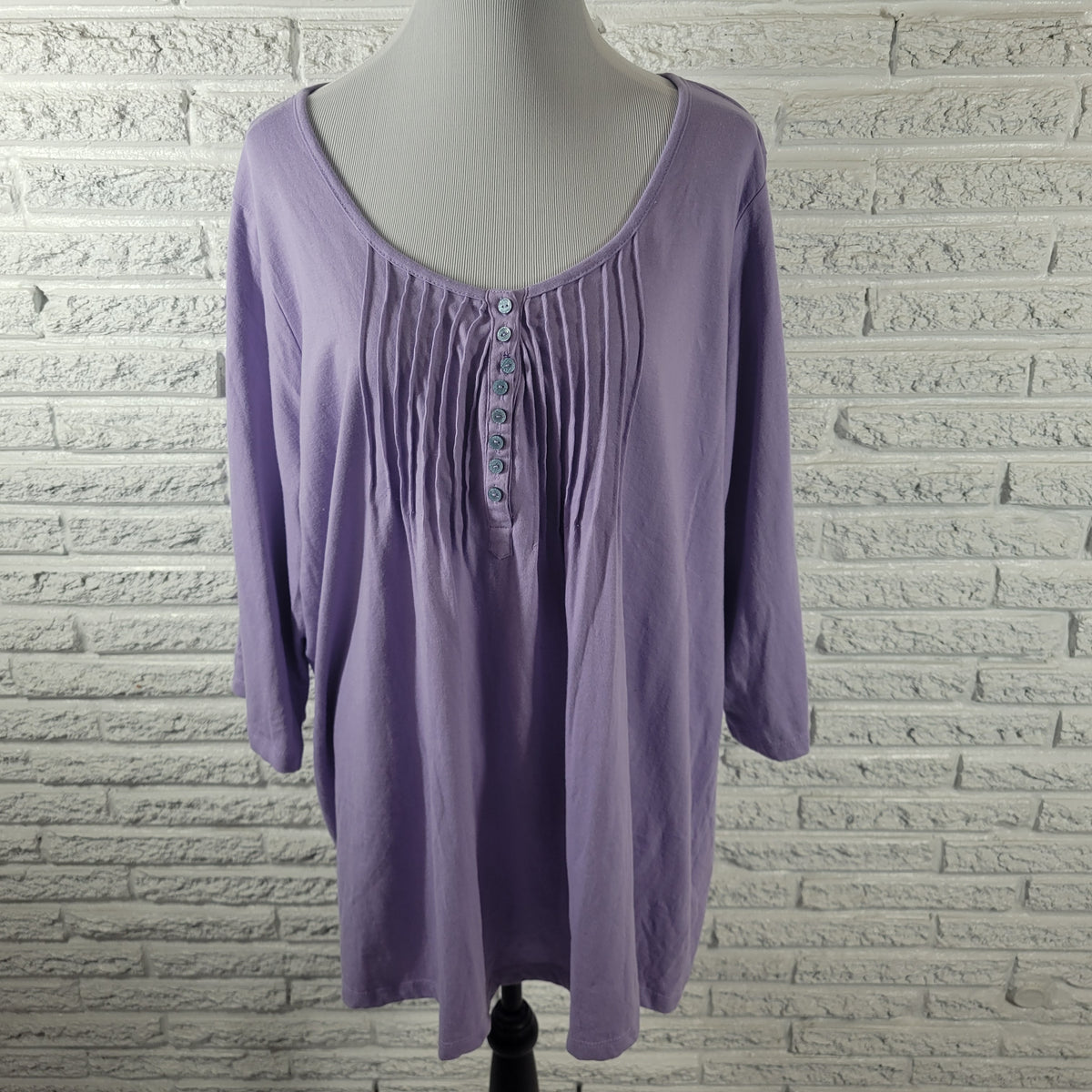 Woman Within Womens Top 1X Lavender Solid Pintuck 3/4 Sleeve Button Up Blouse PUR40E