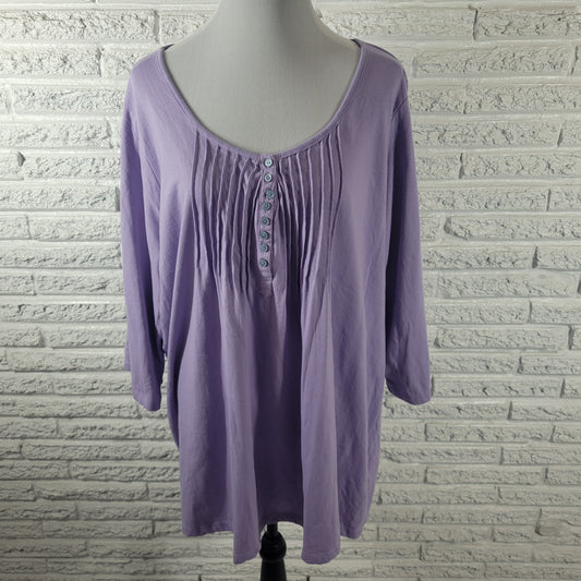 Woman Within Womens Top 1X Lavender Solid Pintuck 3/4 Sleeve Button Up Blouse PUR40E