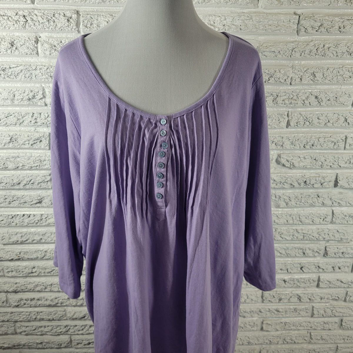Woman Within Womens Top 1X Lavender Solid Pintuck 3/4 Sleeve Button Up Blouse PUR40E