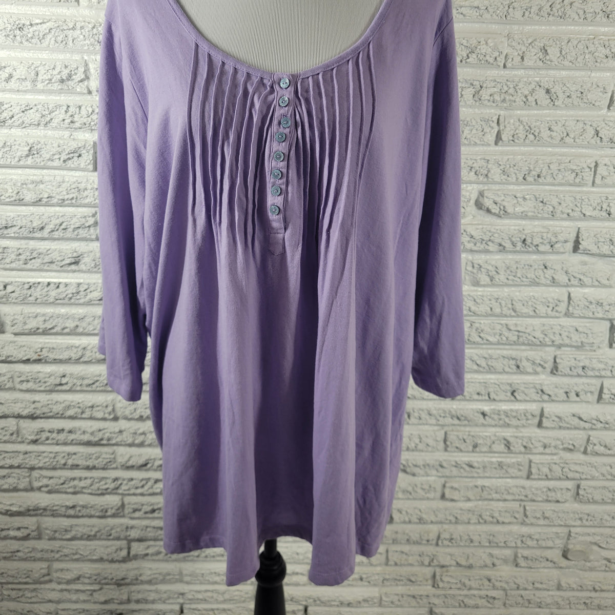 Woman Within Womens Top 1X Lavender Solid Pintuck 3/4 Sleeve Button Up Blouse PUR40E