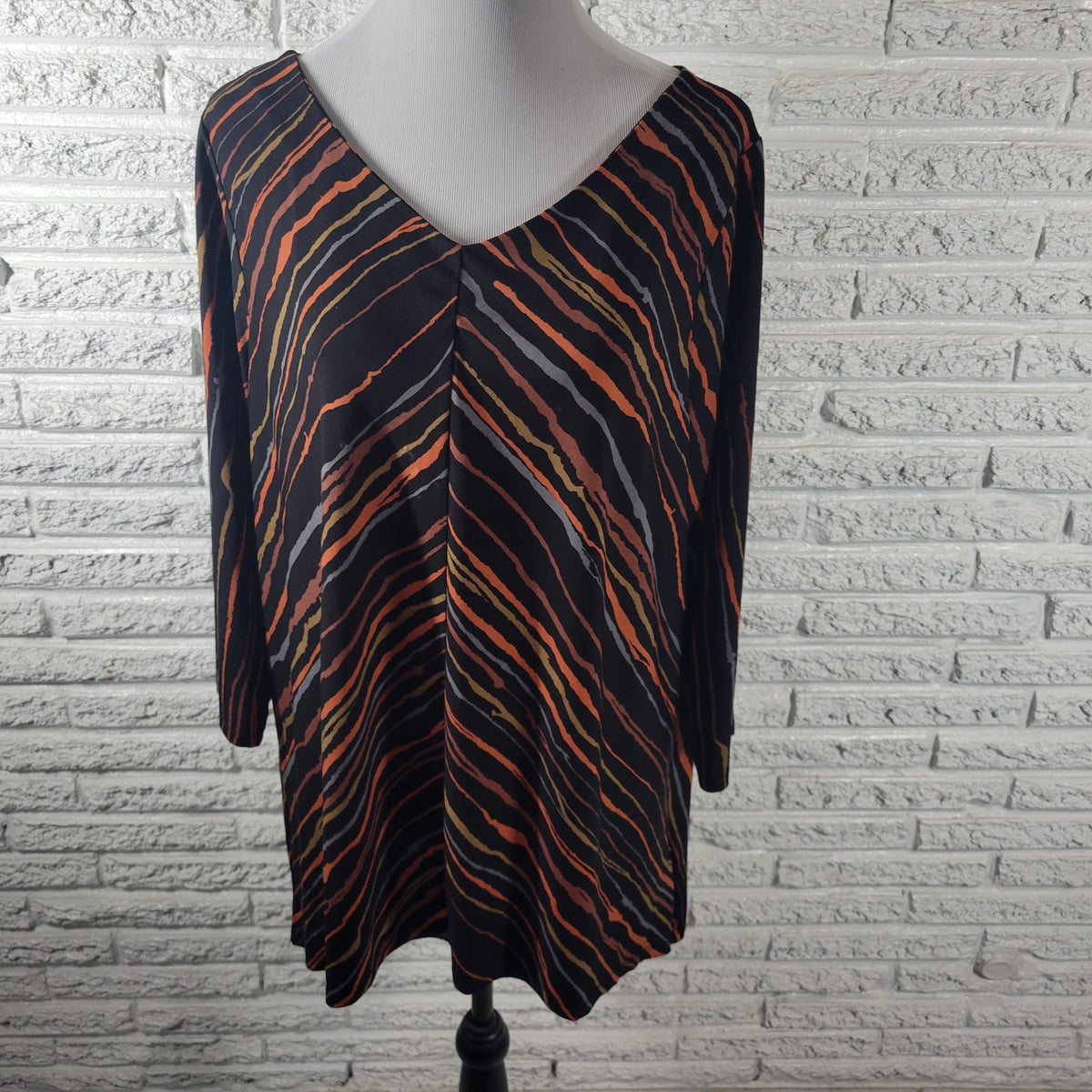 Bob Mackie Wearable Art Womens 1X Striped V-Neck 3/4 Sleeve Blouse Top Casual STR126E