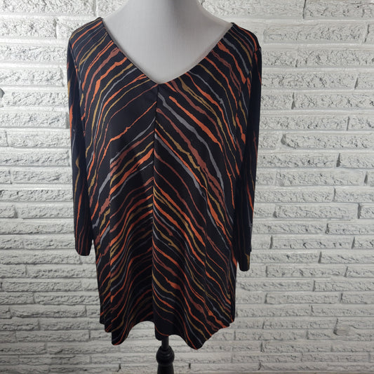 Bob Mackie Wearable Art Womens 1X Striped V-Neck 3/4 Sleeve Blouse Top Casual STR126E